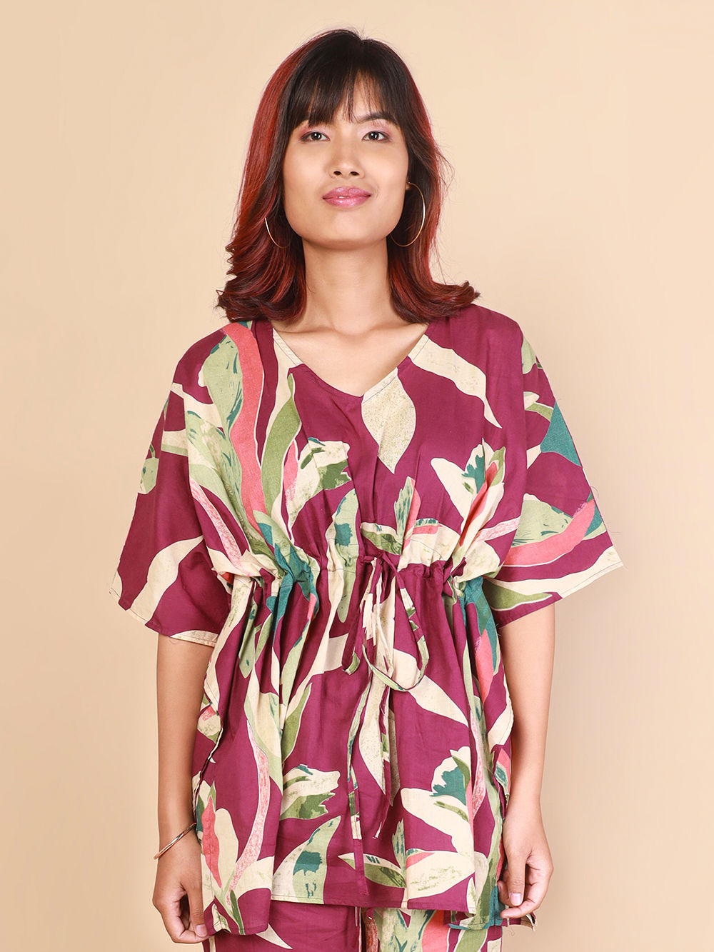 Wine Printed Cotton Nightwear- Set of 2