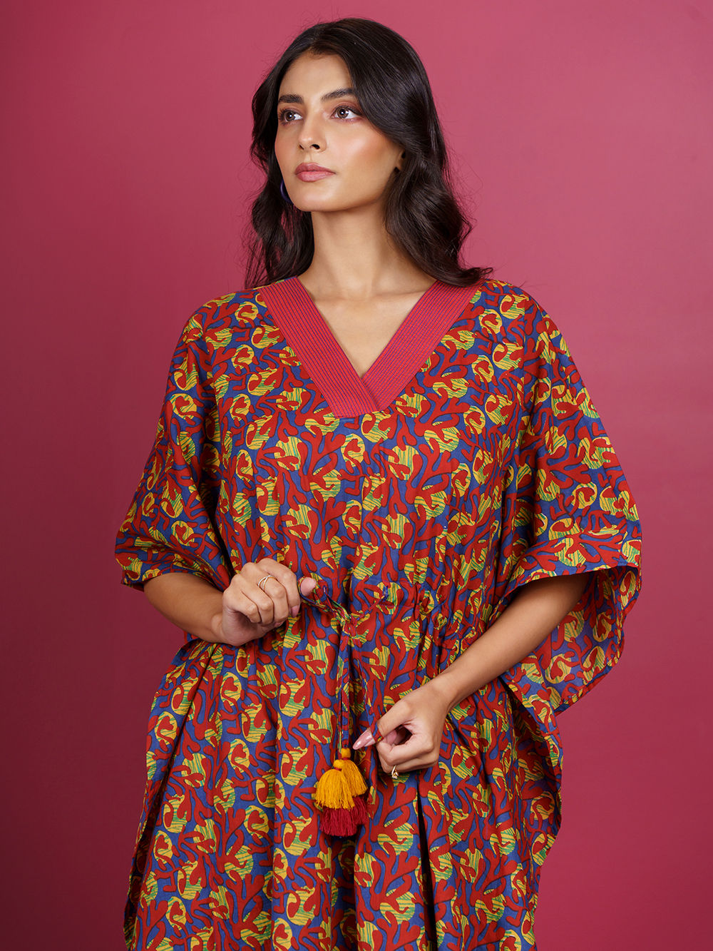 Red Bagru Hand Block Printed Cotton Kaftan