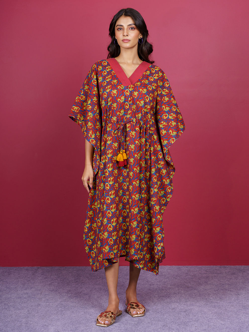 Red Bagru Hand Block Printed Cotton Kaftan