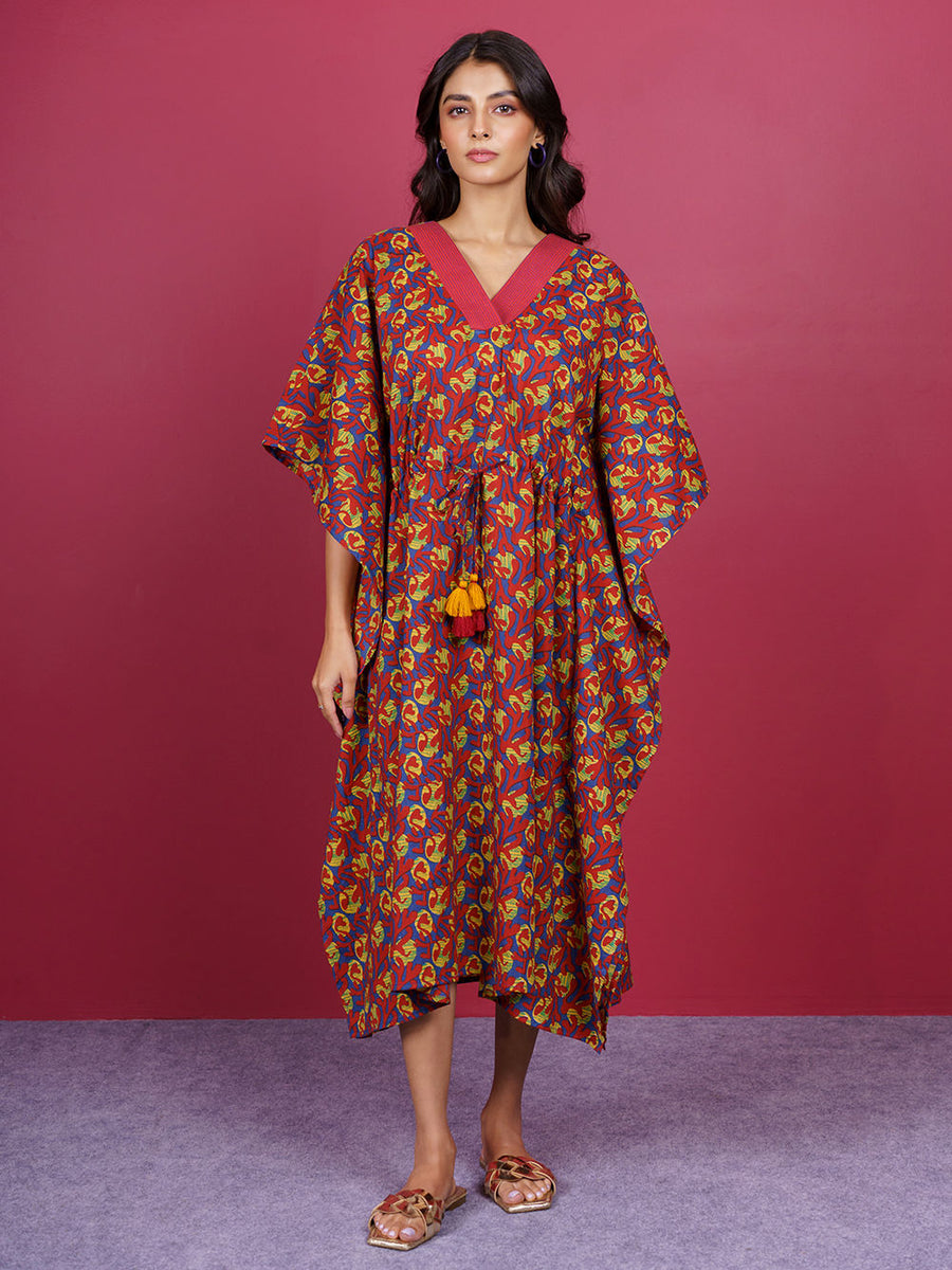 Red Bagru Hand Block Printed Cotton Kaftan