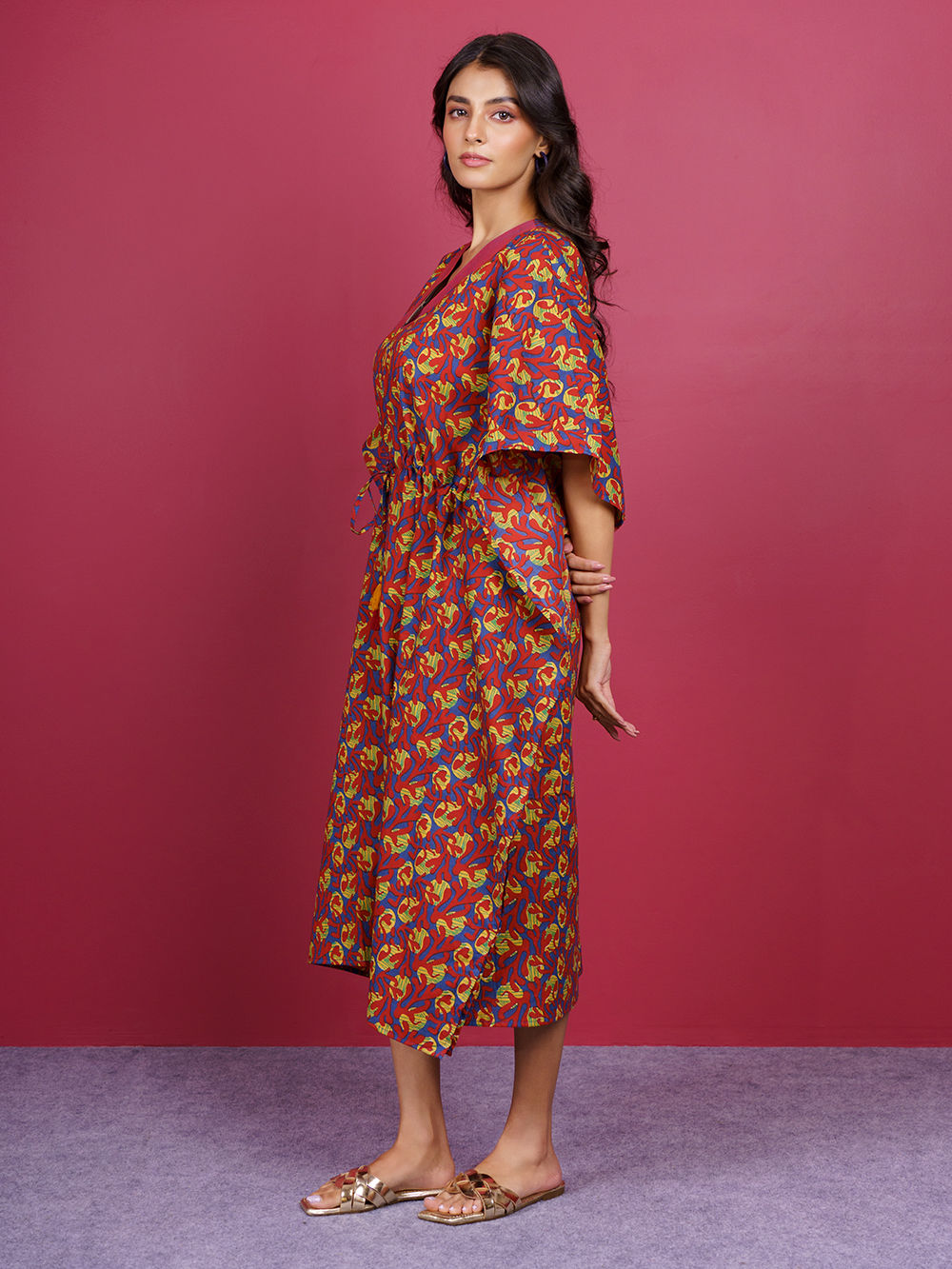 Red Bagru Hand Block Printed Cotton Kaftan