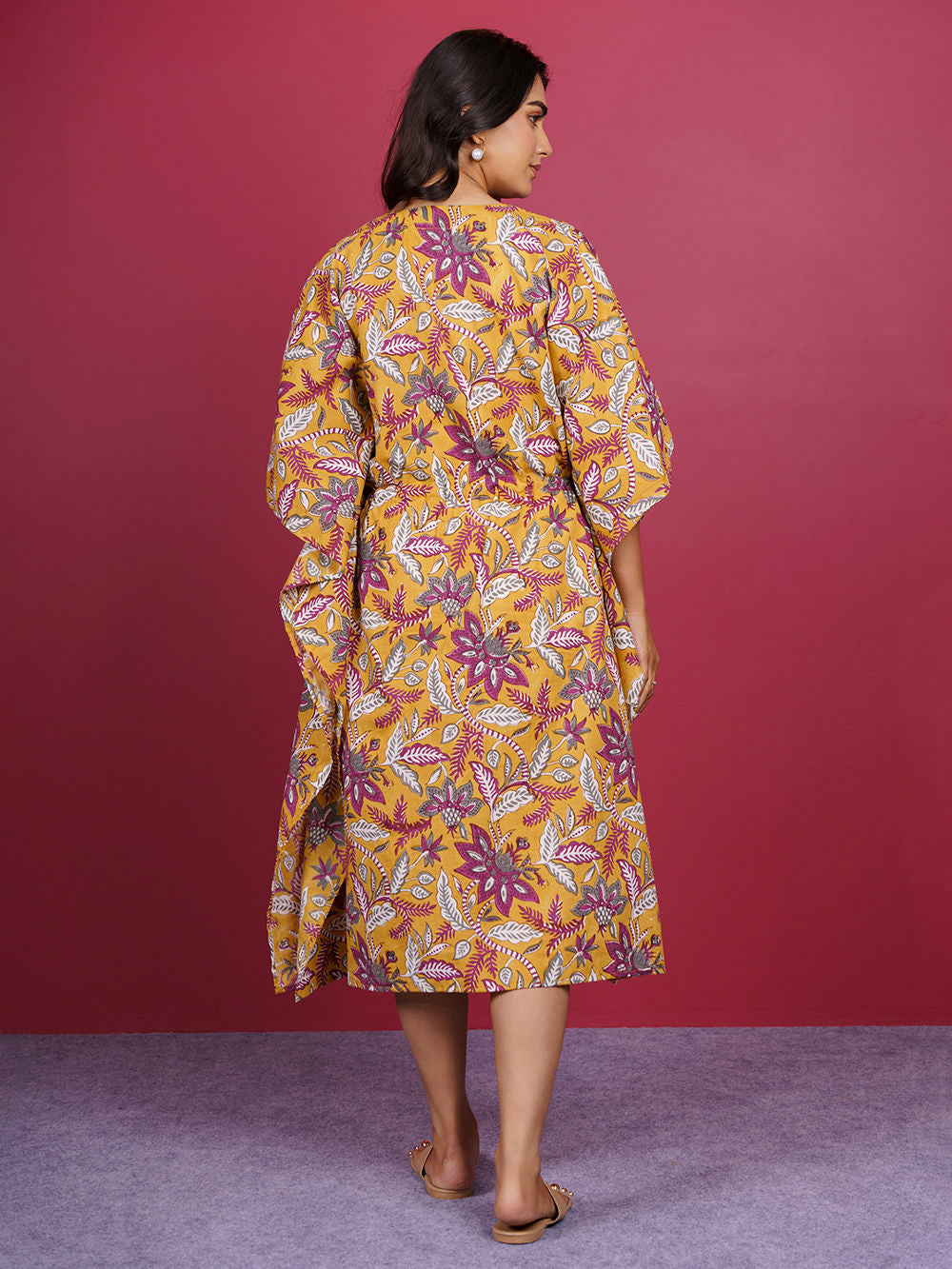 Yellow Bagru Hand Block Printed Cotton Kaftan