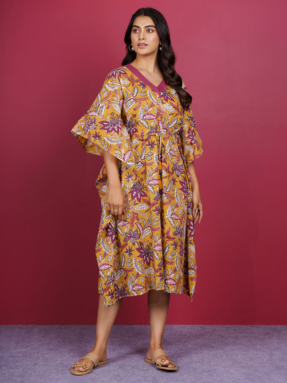 Yellow Bagru Hand Block Printed Cotton Kaftan