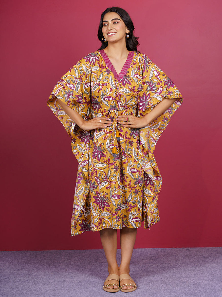 Yellow Bagru Hand Block Printed Cotton Kaftan
