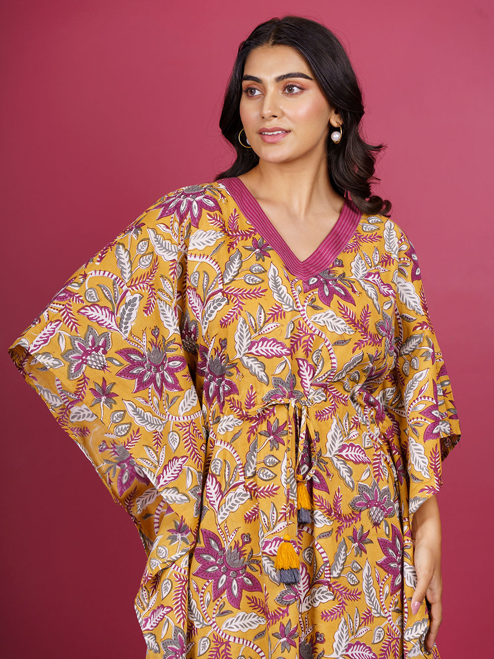 Yellow Bagru Hand Block Printed Cotton Kaftan