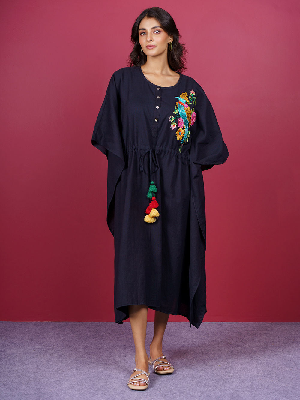 Black Embroidered Cotton Kaftan