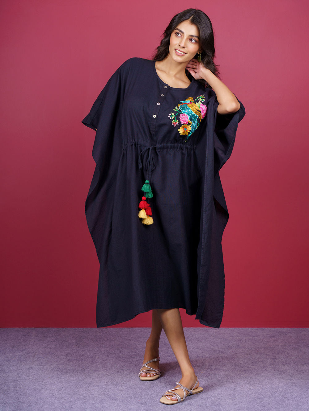 Black Embroidered Cotton Kaftan
