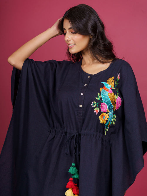 Black Embroidered Cotton Kaftan