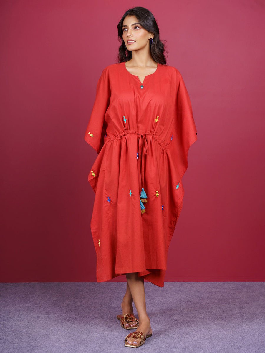 Red Embroidered Cotton Kaftan