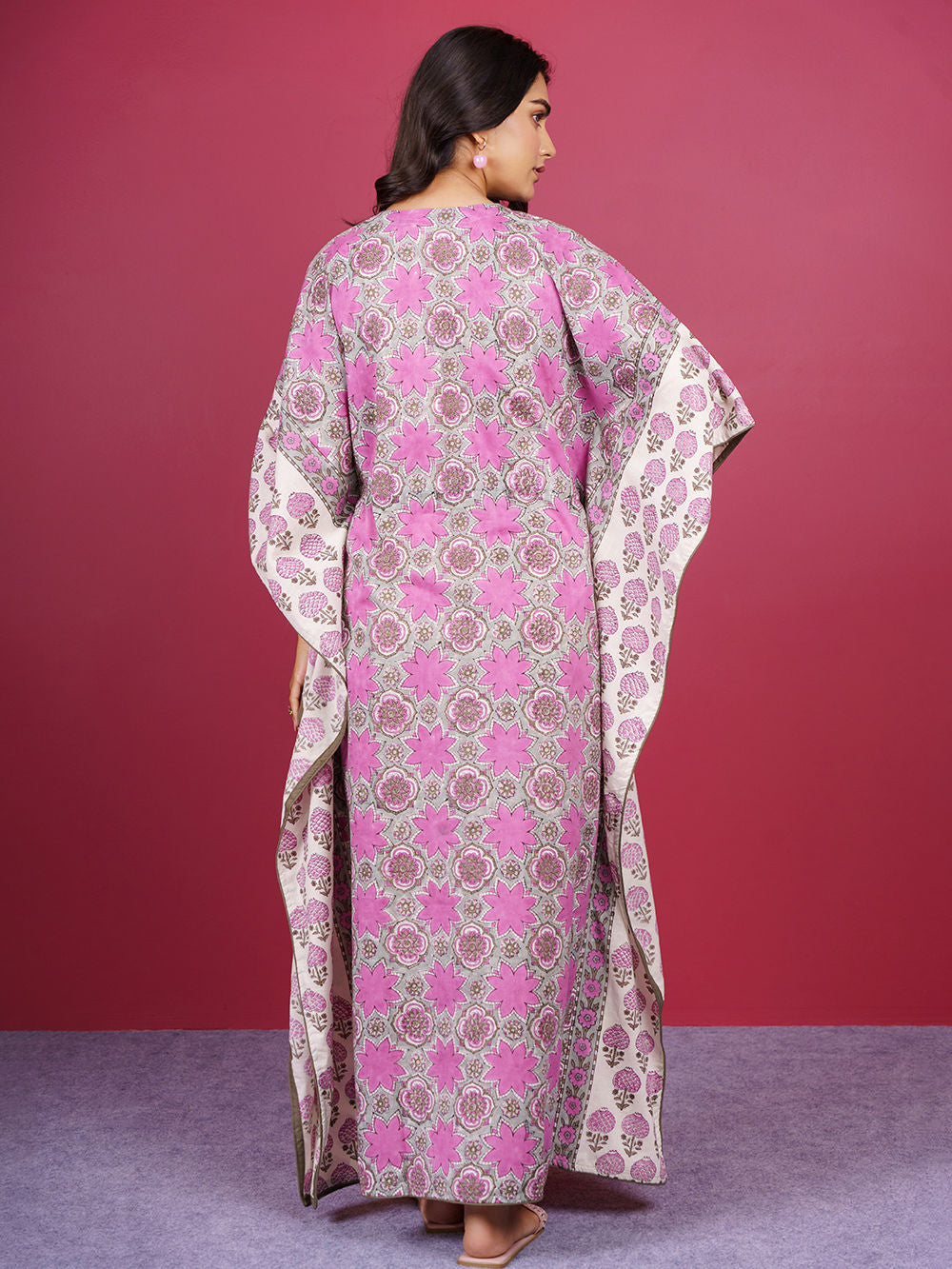 Grey Pink Bagru Hand Block Printed Cotton Kaftan