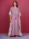 Grey Pink Bagru Hand Block Printed Cotton Kaftan