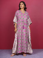 Grey Pink Bagru Hand Block Printed Cotton Kaftan