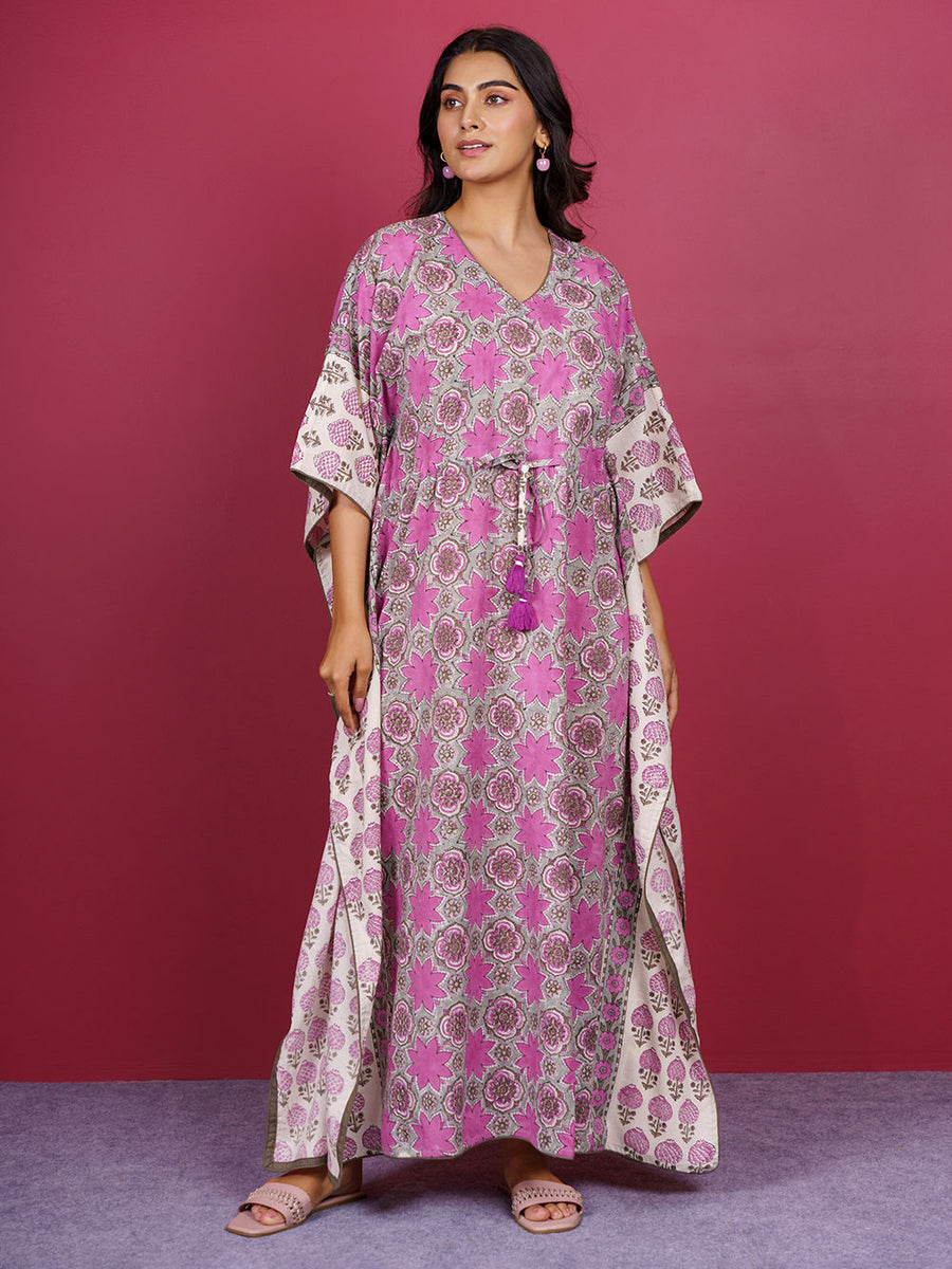 Grey Pink Bagru Hand Block Printed Cotton Kaftan