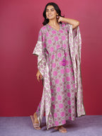 Grey Pink Bagru Hand Block Printed Cotton Kaftan