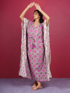 Grey Pink Bagru Hand Block Printed Cotton Kaftan