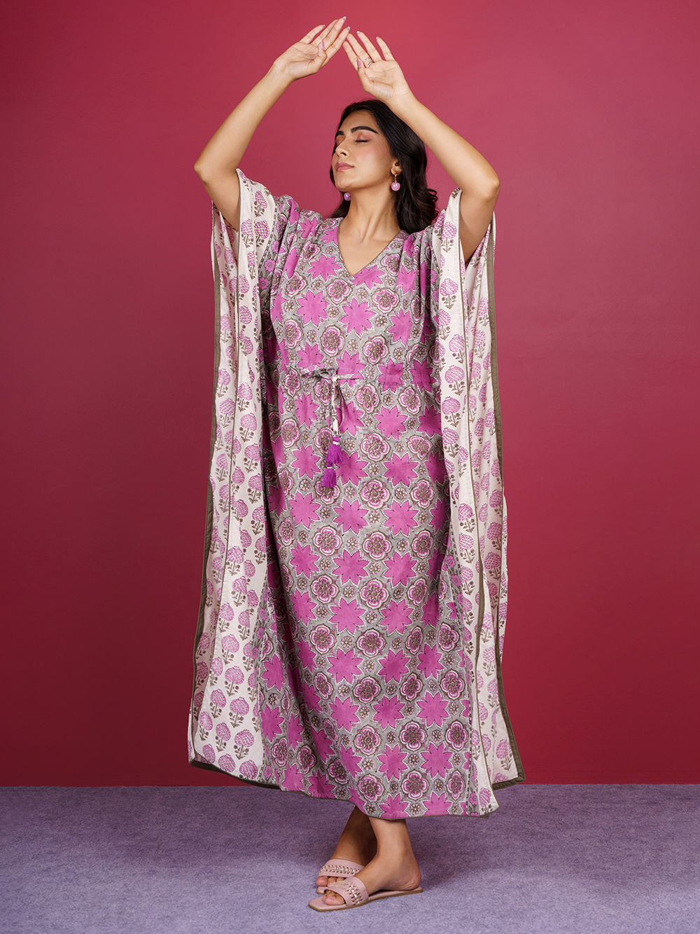 Grey Pink Bagru Hand Block Printed Cotton Kaftan