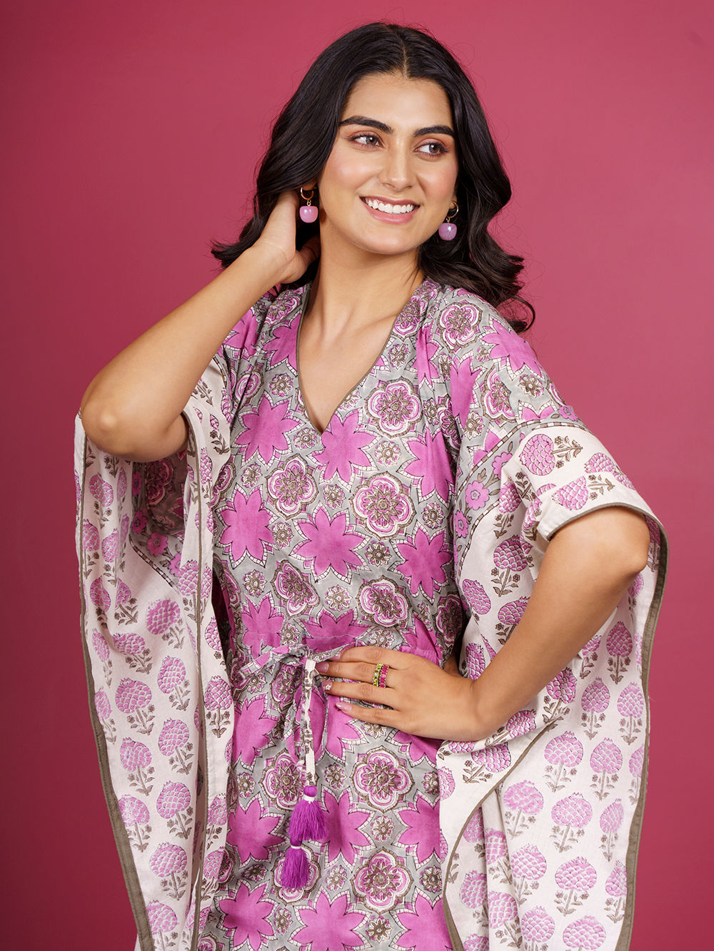 Grey Pink Bagru Hand Block Printed Cotton Kaftan