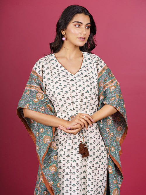 Beige Hand Block Printed Cotton Kaftan