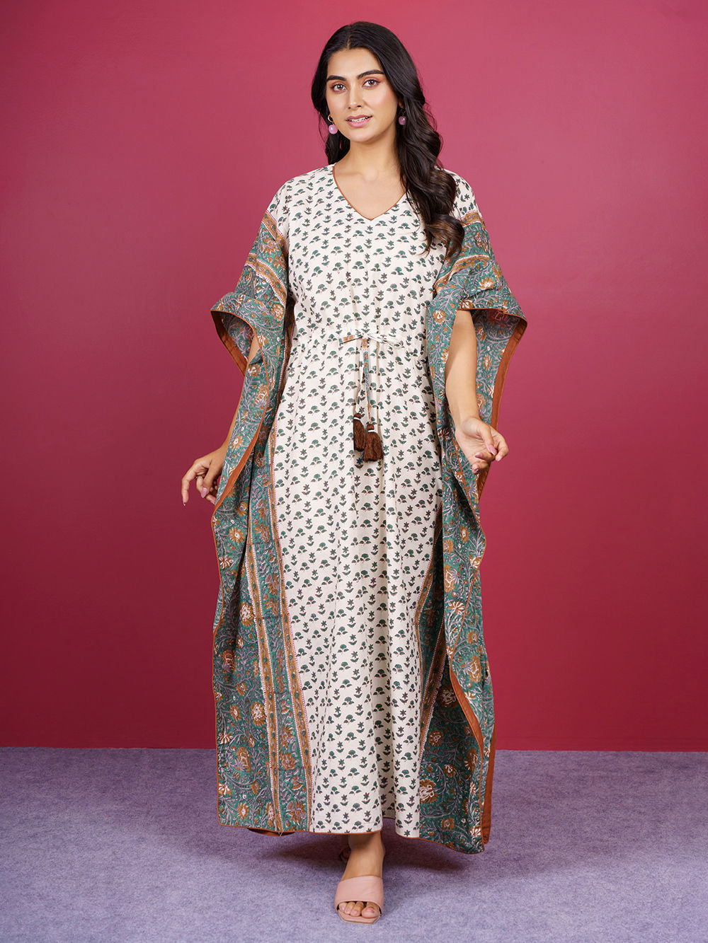 Beige Hand Block Printed Cotton Kaftan