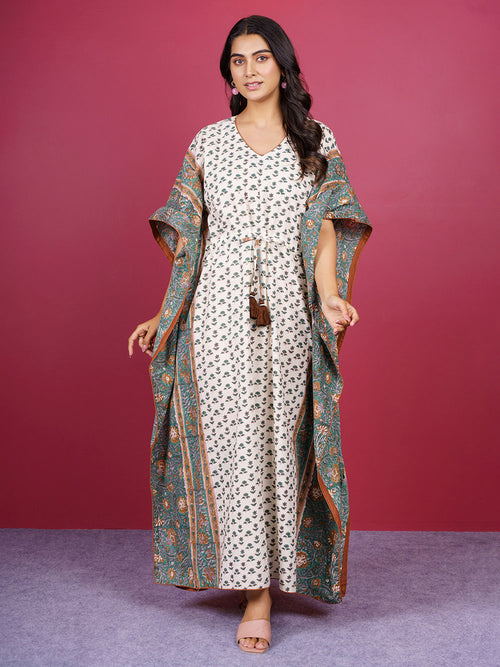 Beige Hand Block Printed Cotton Kaftan