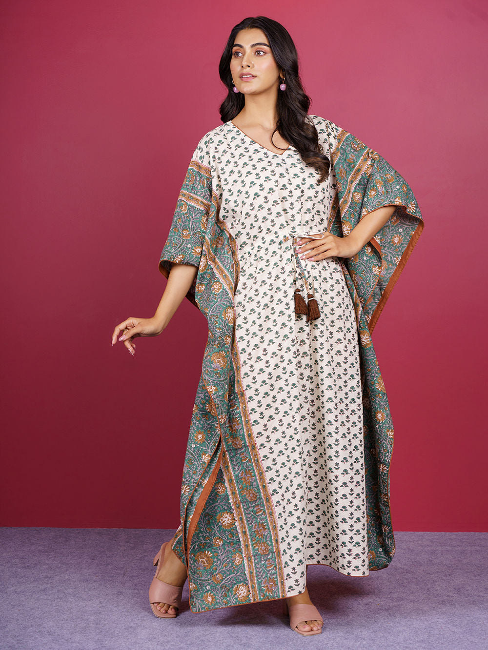 Beige Hand Block Printed Cotton Kaftan