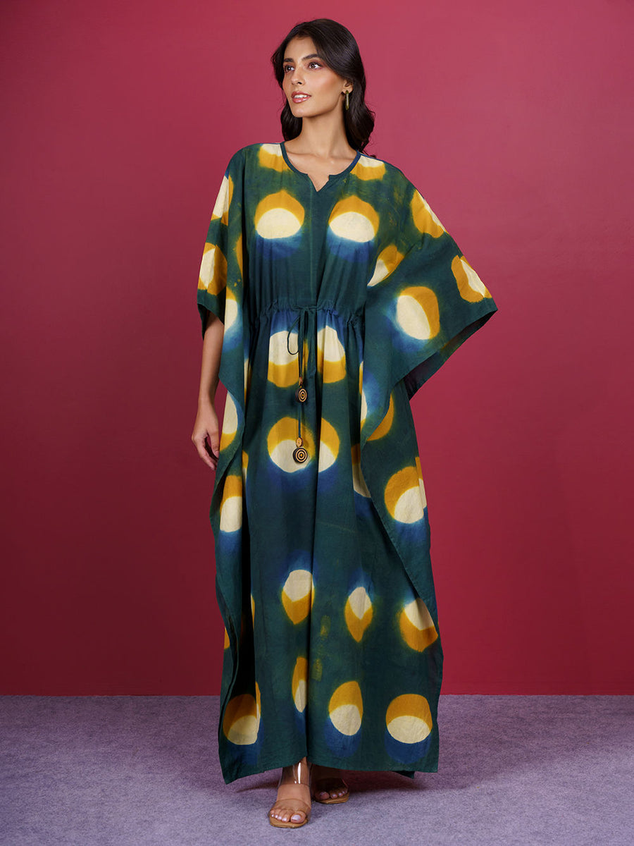 Green Bagru Hand Block Printed Cotton Kaftan