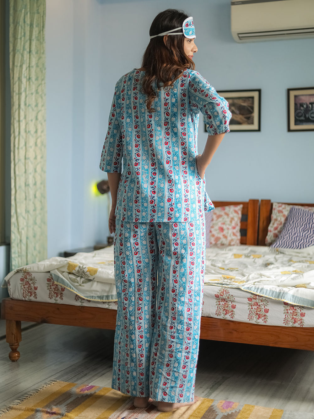 Blue Hand Block Printed Cotton Nightwear - Set of 2