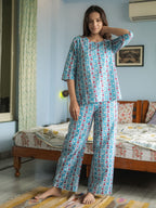 Blue Hand Block Printed Cotton Nightwear - Set of 2