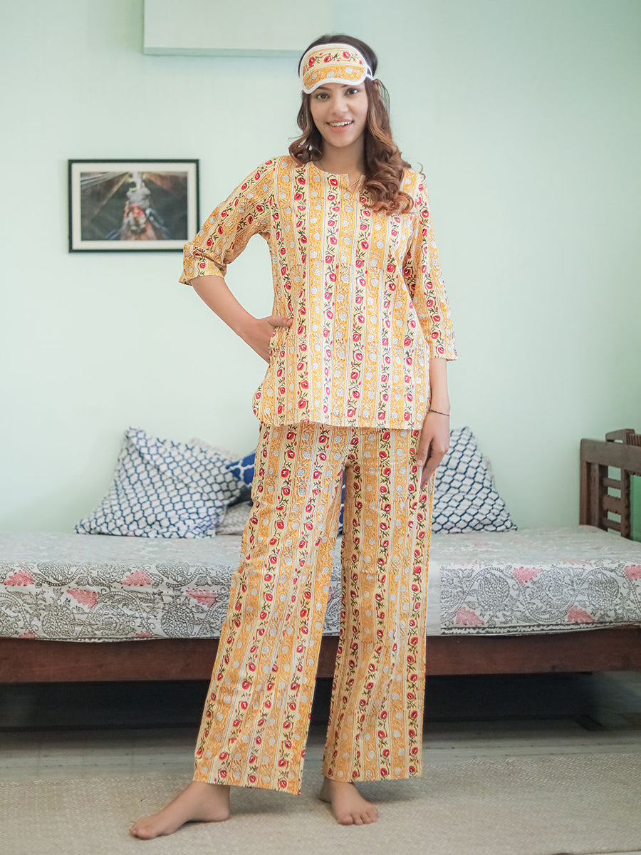 Yellow Hand Block Printed Cotton Nightwear - Set of 2