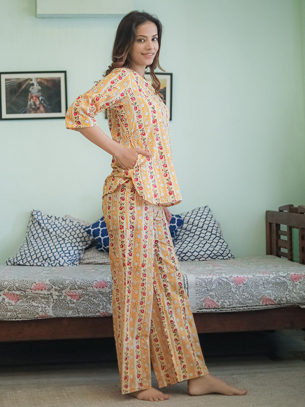 Yellow Hand Block Printed Cotton Nightwear - Set of 2