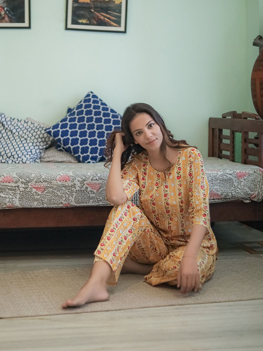 Yellow Hand Block Printed Cotton Nightwear - Set of 2