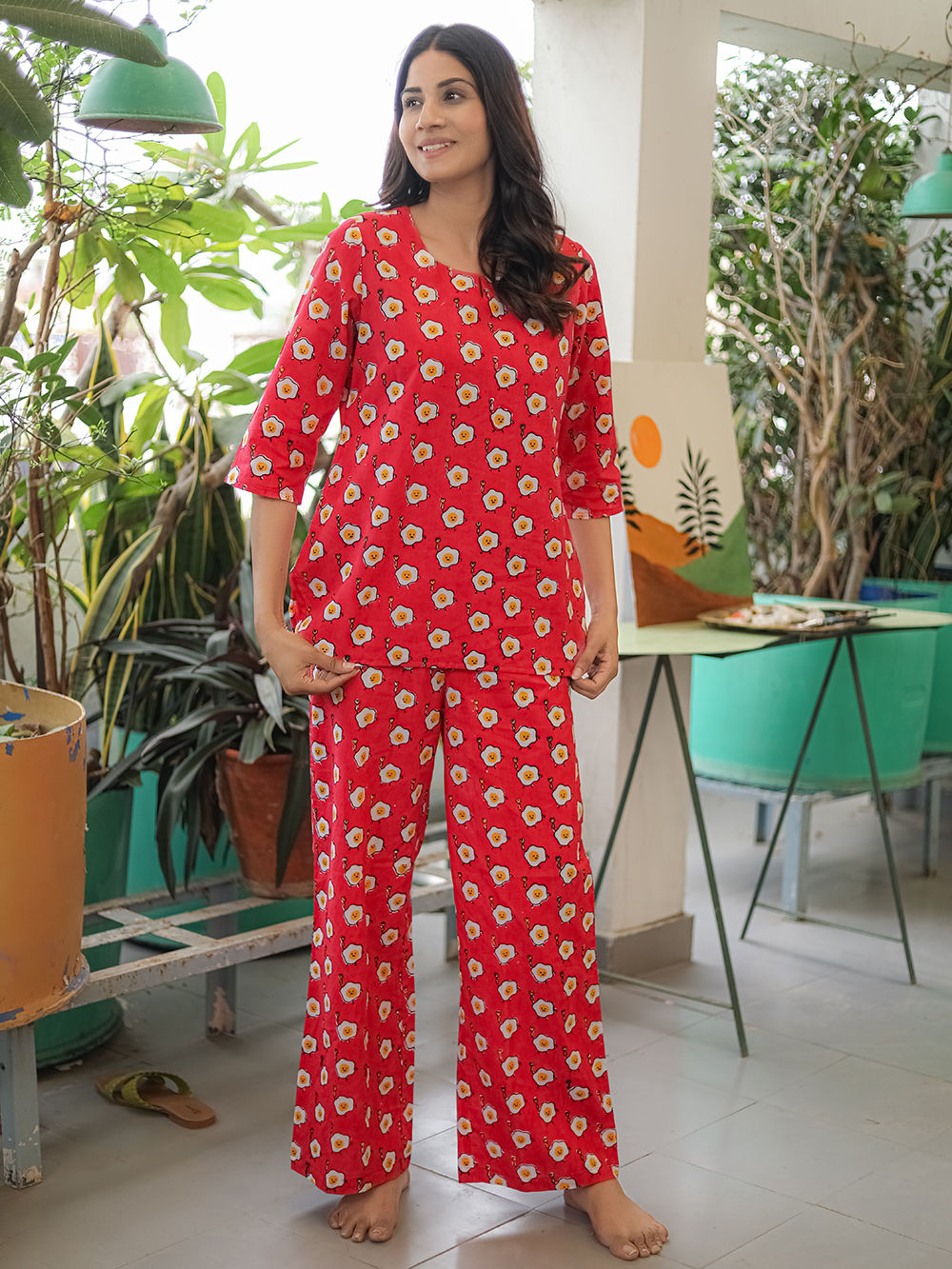 Red Hand Block Printed Cotton Nightwear - Set of 2