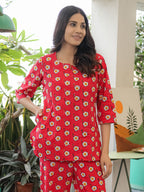 Red Hand Block Printed Cotton Nightwear - Set of 2
