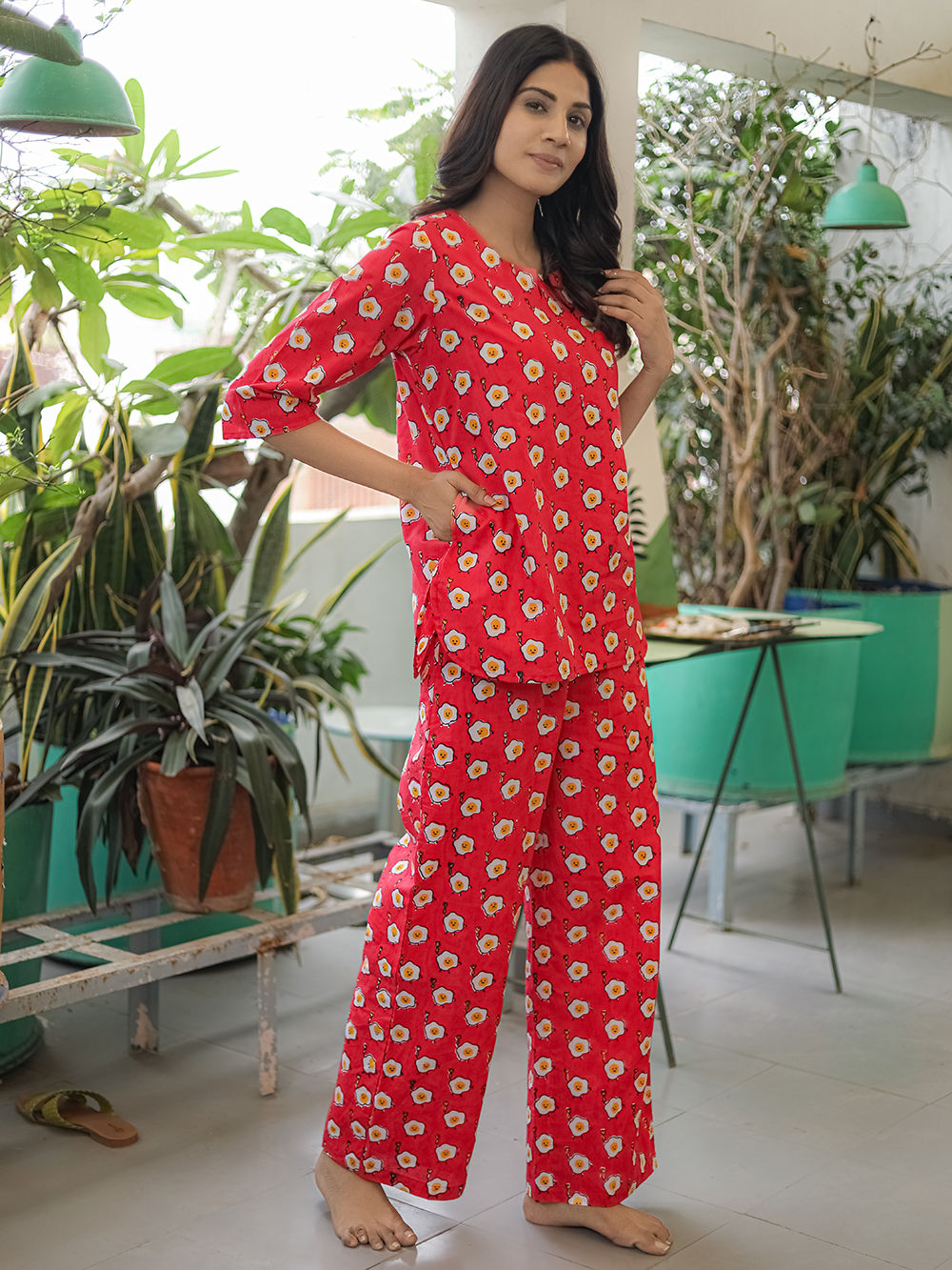 Red Hand Block Printed Cotton Nightwear - Set of 2