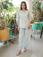 Pastel Blue Hand Block Printed Cotton Nightwear - Set of 2