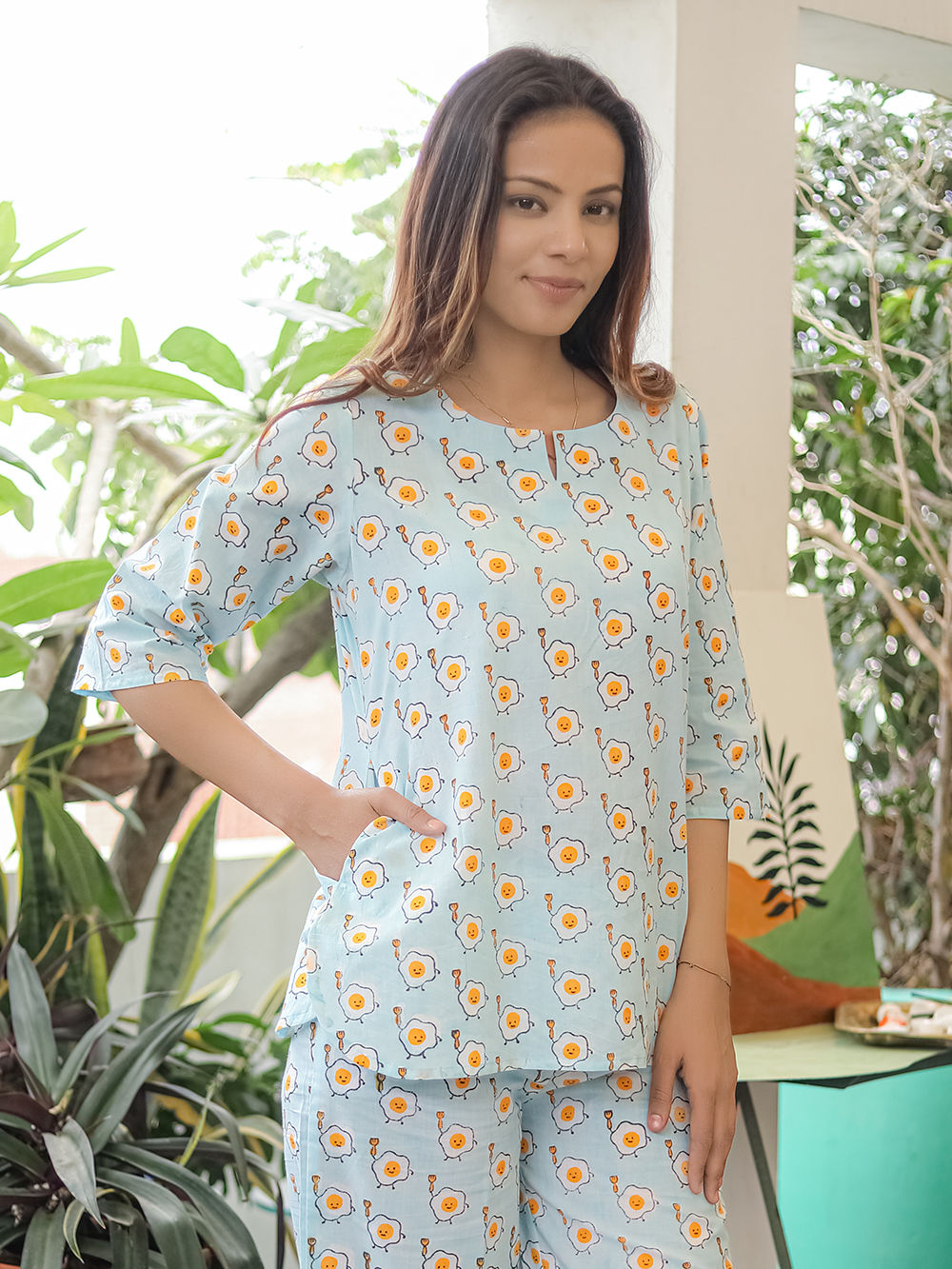 Pastel Blue Hand Block Printed Cotton Nightwear - Set of 2