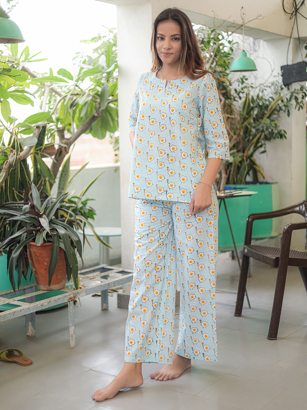 Pastel Blue Hand Block Printed Cotton Nightwear - Set of 2
