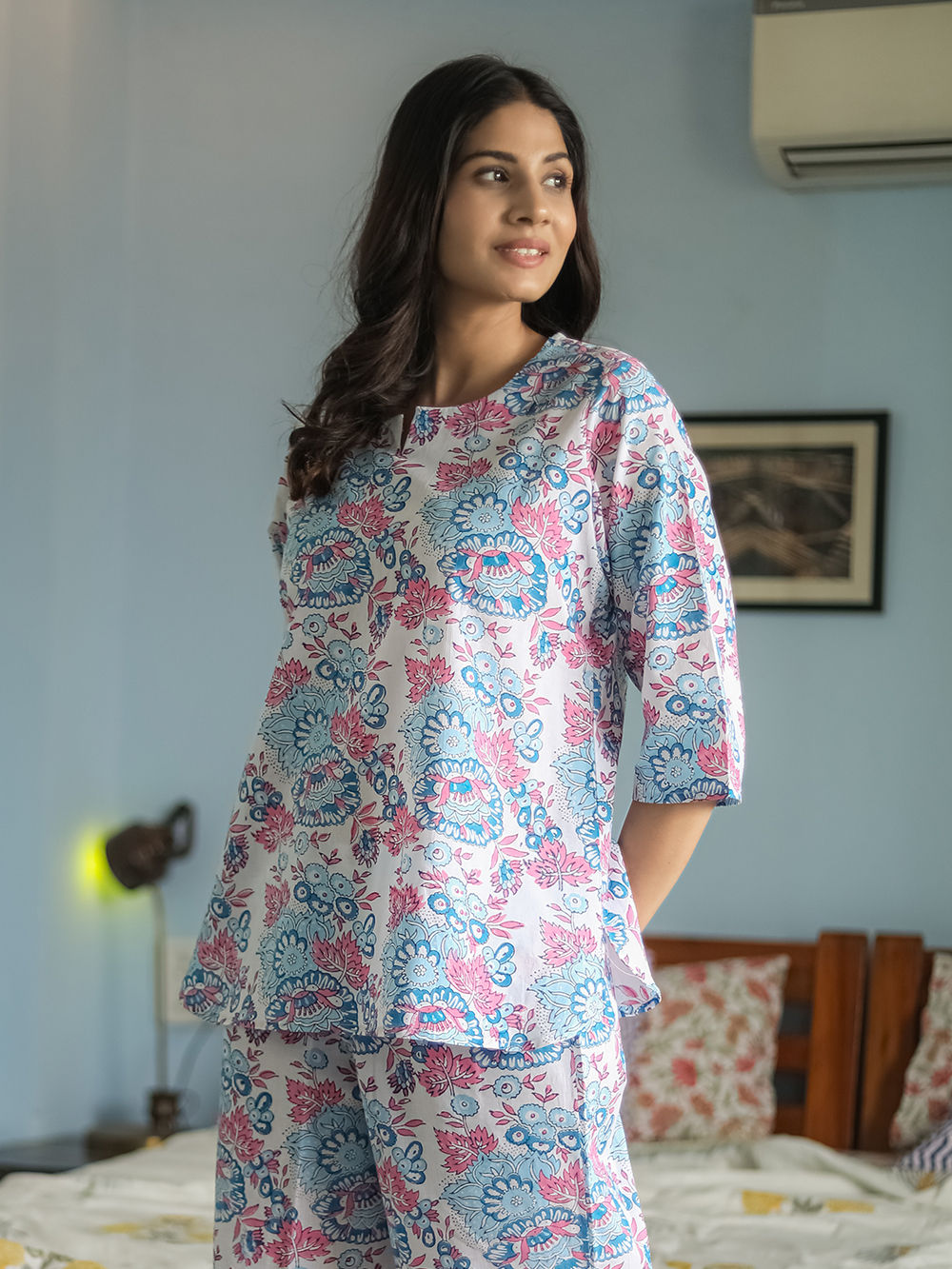 White Blue Hand Block Printed Cotton Nightwear - Set of 2
