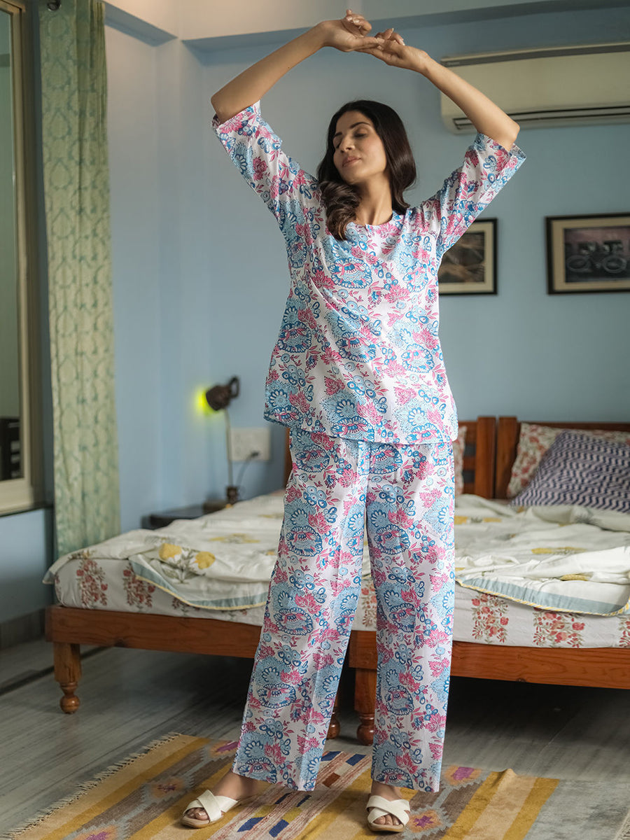 White Blue Hand Block Printed Cotton Nightwear - Set of 2