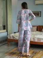 White Blue Hand Block Printed Cotton Nightwear - Set of 2
