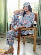 White Blue Hand Block Printed Cotton Nightwear - Set of 2