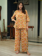 Orange Hand Block Printed Cotton Nightwear - Set of 2