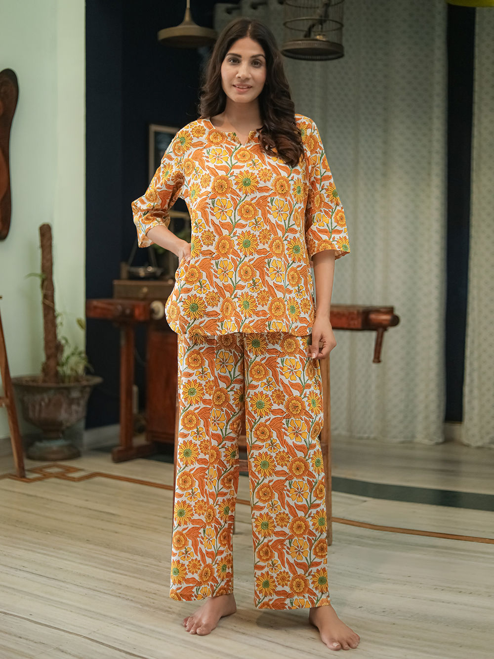 Orange Hand Block Printed Cotton Nightwear - Set of 2