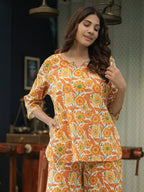 Orange Hand Block Printed Cotton Nightwear - Set of 2