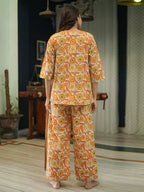 Orange Hand Block Printed Cotton Nightwear - Set of 2