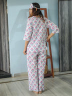 White Purple Hand Block Printed Cotton Nightwear - Set of 2