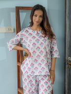 White Purple Hand Block Printed Cotton Nightwear - Set of 2