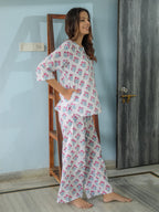 White Purple Hand Block Printed Cotton Nightwear - Set of 2