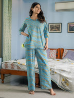 Blue Hand Block Printed Cotton Nightwear - Set of 2