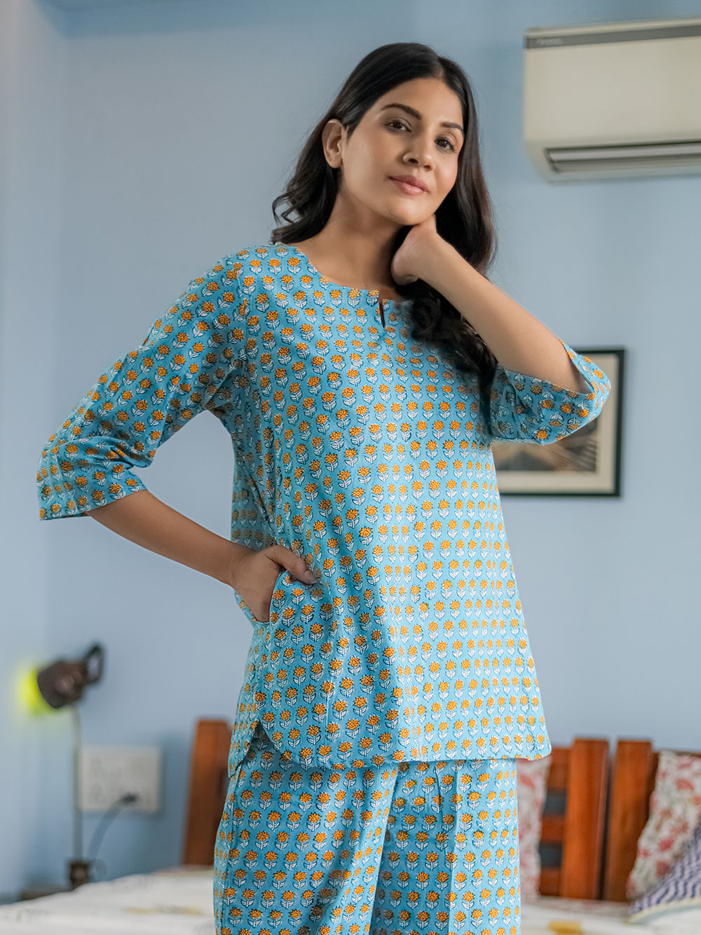 Blue Hand Block Printed Cotton Nightwear - Set of 2